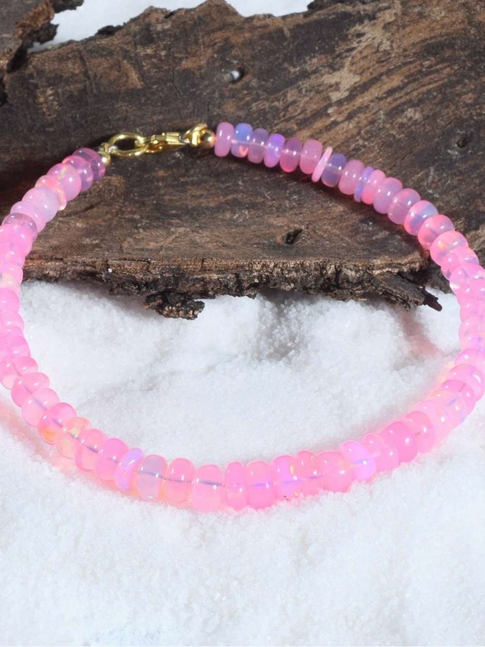 Pink Natural Opal Beaded Bracelet - Gold Clasp